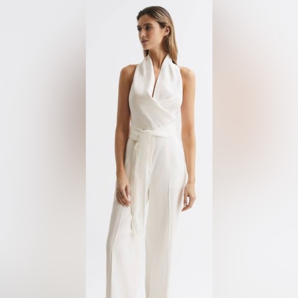 REISS- CARMENHALTER NECK LINEN BLEND JUMPSUIT
